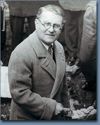 Dr. Albert Menasche, survivor and post-war President of the Jewish community of Salonica, placing the cornerstone of a home for future Jewish artisans. Salonica, March 9, 1947. © 1998 Foundation for the Advancement of Sephardic Studies and Culture.
